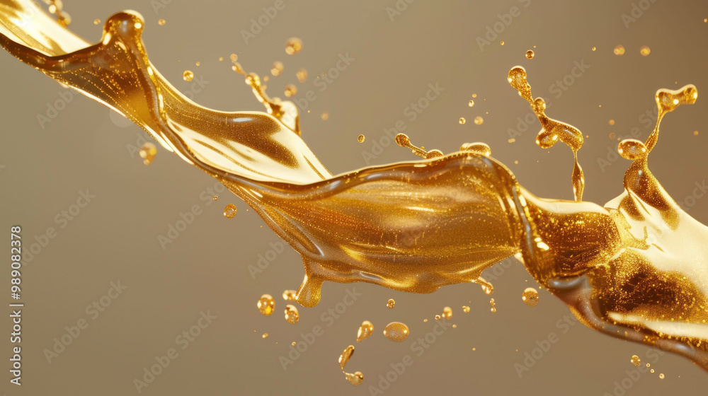 Poster Golden liquid splashing dynamically against soft background, creating elegant and luxurious visual effect. shimmering droplets enhance sense of movement and richness