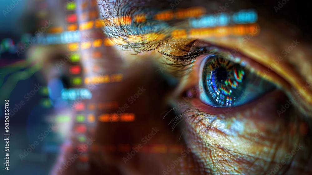 Aufkleber close up of human eye reflects digital data and vibrant colors, symbolizing intersection of technology and human perception. This image captures essence of data analysis and innovation