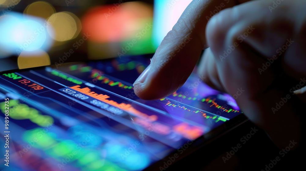 Poster image shows close up of finger interacting with smartphone screen displaying colorful stock market data and graphs, conveying sense of financial analysis and technology