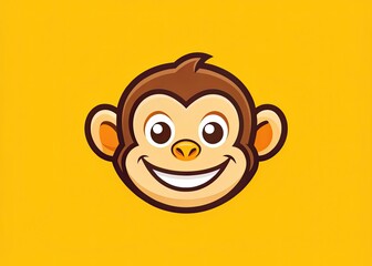 A cartoon monkey's smiling face with a mischievous glint in its eye forms the centerpiece of a playful, modern logo design on a bright yellow background.