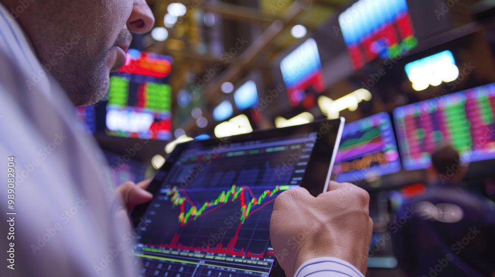 Poster image depicts person analyzing stock market data on tablet, surrounded by vibrant financial charts a