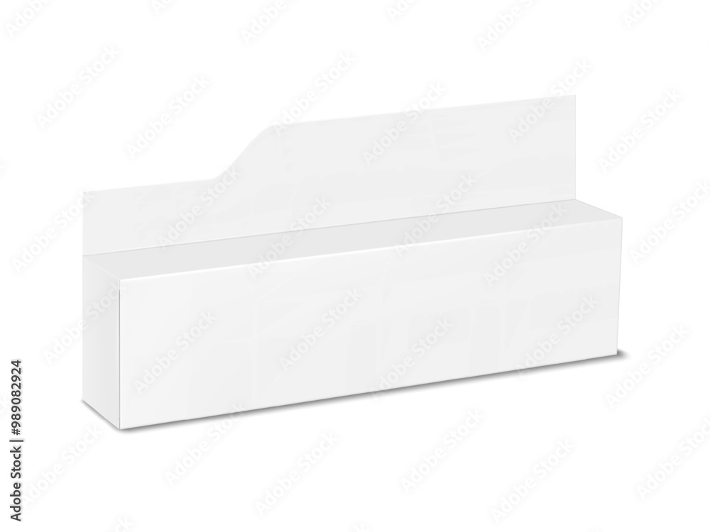 Wall mural white blank long paperboard box with label header card. realistic 3d vector mock-up. isolated cardbo
