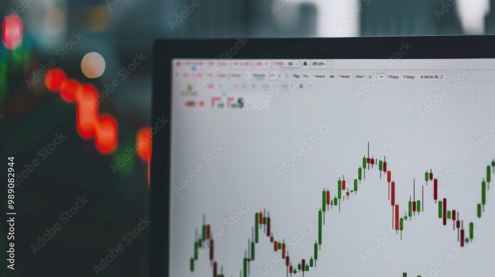 Aufkleber image showcases close up of computer screen displaying financial chart with candlestick patterns, indicating market trends and fluctuations. blurred background features colorful lights, enhancing