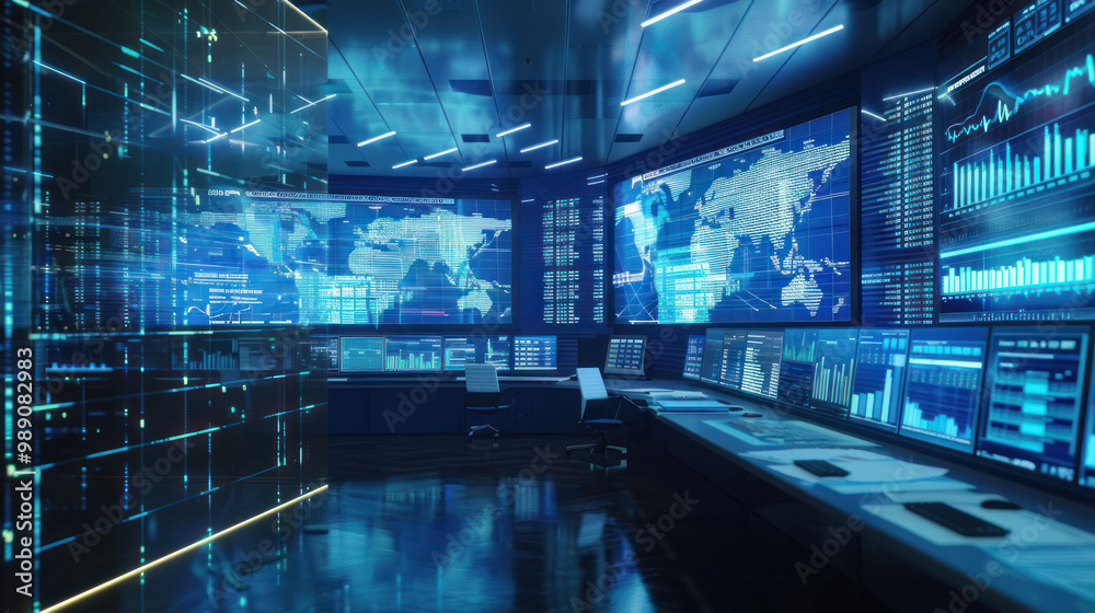 Poster modern control room featuring advanced technology, digital screens displaying data, and sleek design. atmosphere conveys sense of innovation and high tech operations