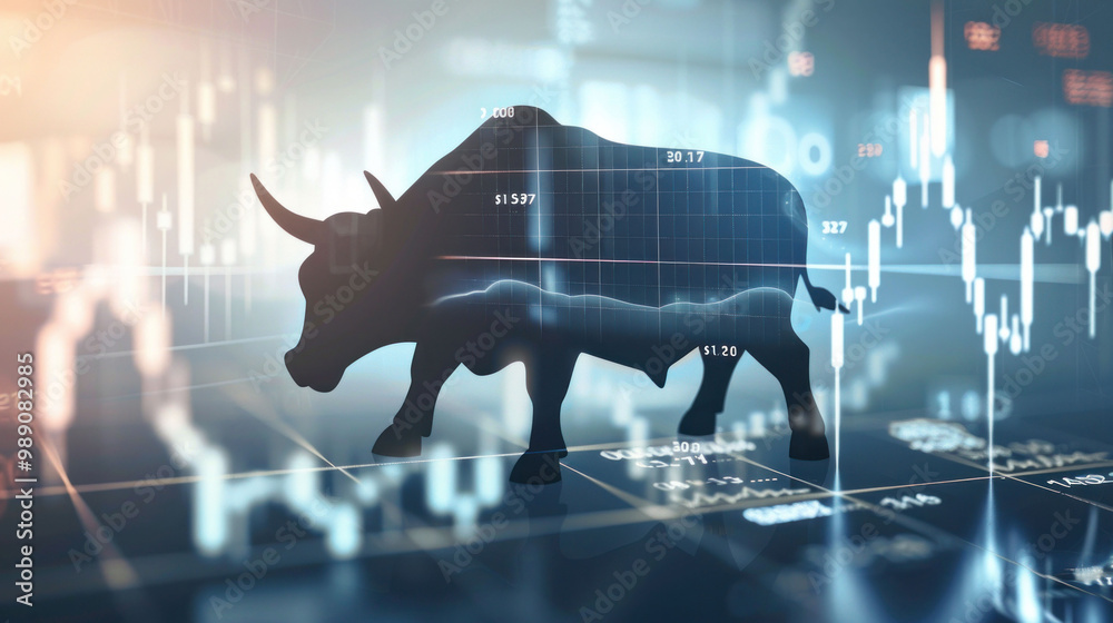 Poster image features bull silhouette against backdrop of financial charts and graphs, symbolizing bullish 