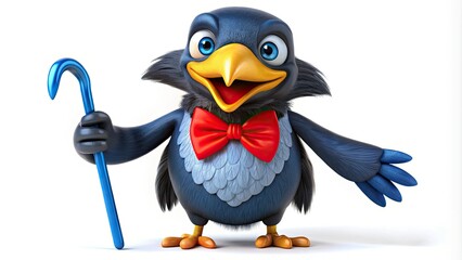 Fototapeta premium A cheerful, anthropomorphic crow with a bright yellow beak and vivid blue feathers stands confidently, wearing a red bow tie and holding a white cane.