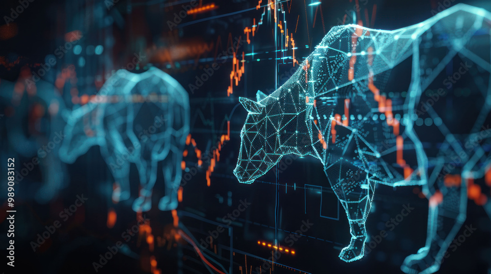 Poster digital representation of bull and bear market, showcasing financial trends and data analysis. glowi
