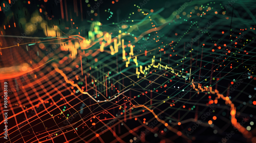 Poster Dynamic data visualization showcasing vibrant financial graphs and charts, illustrating market trends and fluctuations with colorful lines and dots