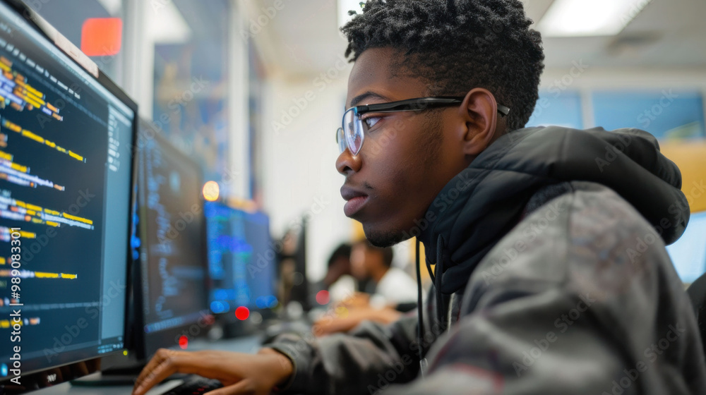 Leinwandbilder Young man coding on computer, focused on programming with multiple screens displaying code. environment is tech workspace, showcasing modern learning atmosphere