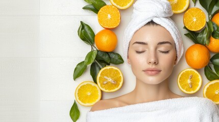 Vitamin C Glow, A peaceful spa moment with a models face, eyes closed, wrapped in a white towel, with vibrant citrus fruits emphasizing natural skin vitality.
