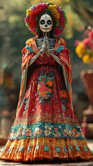 Fototapeta premium A vibrant, traditional skeleton doll adorned in colorful attire, celebrating the Day of the Dead with floral accents and a joyful expression.