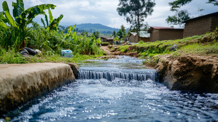 Clean water flowing through a rural village, representing SDG 6: Clean Water and Sanitation