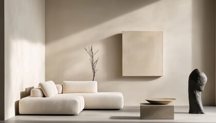 A stylish beige living space featuring textured fabrics, beige tones on the walls, and minimalist art pieces in natural, neutral colors.