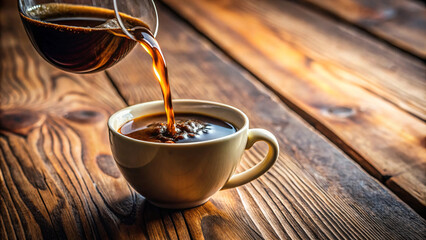 Isolated cup of fresh, dark brown coffee with a steaming cup on a wooden table, perfect for a cozy morning breakfast