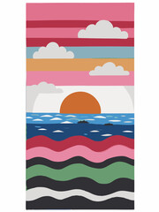Colorful Minimalist Sunset Seascape with Striped Sky and Clouds