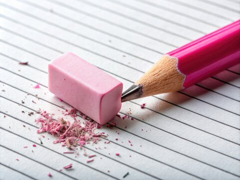 A close-up of a worn pink eraser removing pencil marks from a scribbled notebook page, revealing clean white space amidst scattered graphite shavings.