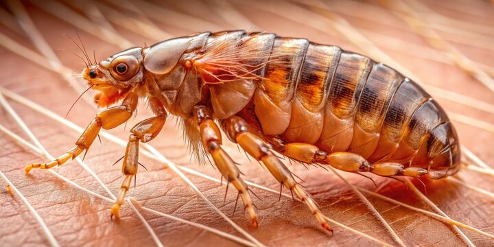 A close-up of a small, dark brown parasitic insect, Tunga penetrans, also known as a jigger or chigoe flea, on human skin.