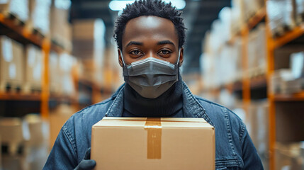 A factory worker wearing a protective mask, holding a cardboard box in a warehouse, emphasizing safety and productivity