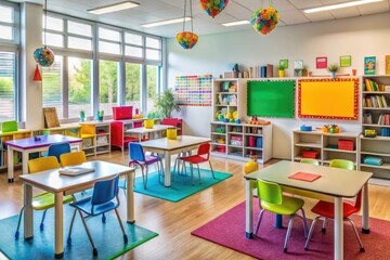 A colorful and organized elementary school classroom with neatly arranged desks, chairs, and educational materials, surrounded by vibrant learning posters and inspirational wall decor.