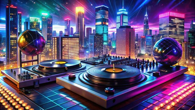 A colorful and vibrant DJ setup with turntables, vinyl records, and disco balls surrounded by flashing lights and a futuristic cityscape background at night.