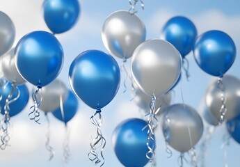 Floating Blue and Silver Balloons with Ribbons