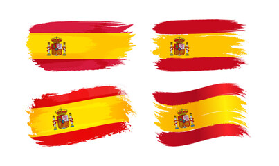 Set of creative Spanish flags. Handdrawn style. Abstract brushing shapes with flag of Spain background and isolated clipping mask. 3D waving and flat collection. Tourism emblem. Holiday concept.