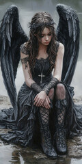 Sad Fallen Angel Sitting on the Ground with Wings Spread in a Dark Setting

