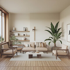 Minimalist, japandi interior design of modern living room with stylish furniture.