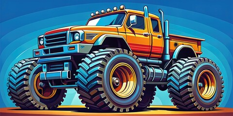 A colorful, detailed illustration of a rugged, oversized truck with massive wheels and a bold, graphic design, set against a bright blue background.