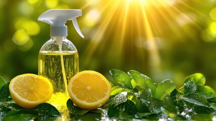 Homemade Window Cleaner, A clear glass spray bottle filled with a bright, eco-friendly solution, placed on a clean kitchen countertop.