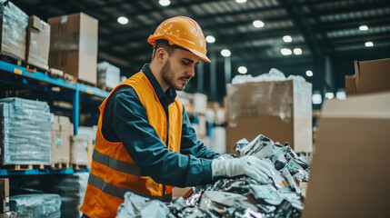 Workers in a warehouse recycling packaging materials as part of a green supply chain initiative