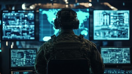 A soldier monitors digital screens in a command center with global maps and data displays.