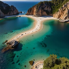 High-altitude drone shot over a secluded bay with transparent blue-green waters, surrounded by towering cliffs and sandy coves, with a distant mountain range in the background