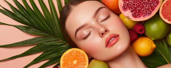 Hydrating Fruit Facial, A fresh-faced model with closed eyes, resting amidst an arrangement of fresh, vibrant fruits, symbolizing a hydrating fruit facial experience.