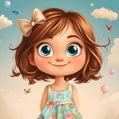 Charming Animated Child, a delightful four-year-old girl character with vibrant colors, big expressive eyes, and a playful smile, exuding joy and innocence.