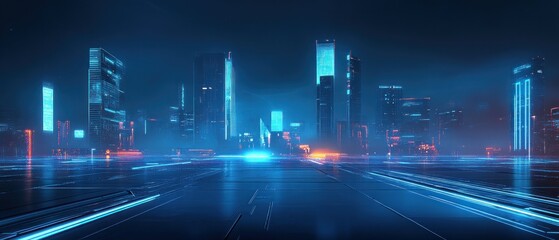 Fototapeta premium Futuristic cityscape with glowing buildings and neon lights.