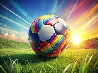 Fototapeta premium A colorful illustration of a soccer ball with vibrant stripes and laces, hovering above a grassy field with subtle shading and soft focus, evoking excitement and energy.