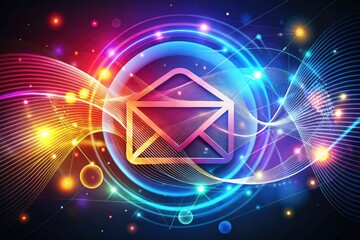 Fototapeta premium A colorful illustration of a stylized envelope with a prominent @ symbol, surrounded by swirling lines and geometric shapes, symbolizing digital communication and online messaging.