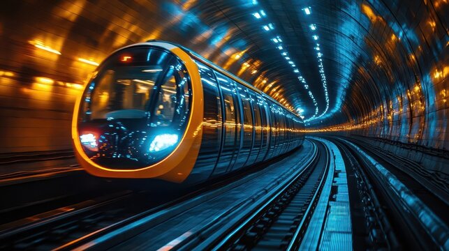futuristic highspeed transit tunnel blur of neon blue and yellow streaks abstract bokeh lights creating sense of velocity and technological advancement