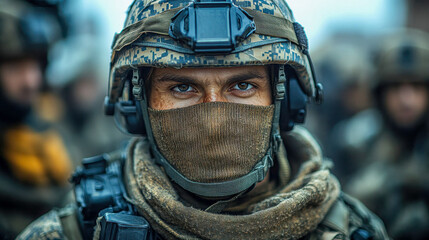 Intense gaze of a soldier wearing a helmet, highlighting determination and strength in a military setting