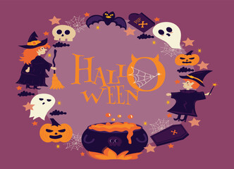 Halloween season celebration fantasy border With cute cartoon halloween characters  design illustration