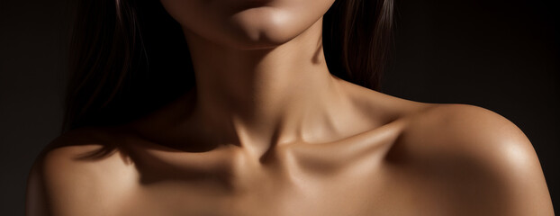 Bare expressive collarbones and shoulders of a young woman or girl on a black background