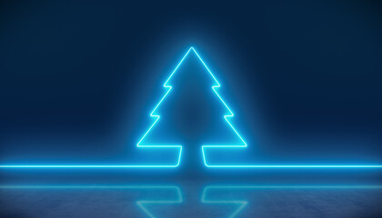 Illustation of glowing neon Christmas tree in blue on reflective floor - Abstract background - vacation concept.