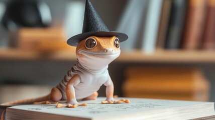 Gecko dressed as a wizard with a tiny pointy hat, standing on a spellbook, wizard gecko, magical reptile