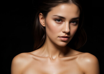 Fototapeta premium Portrait of nude young brunette woman or girl with beautiful expressive collarbones and shoulders on black background