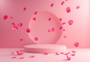 Fototapeta premium Pink Podium with Falling Rose Petals for Product Presentation