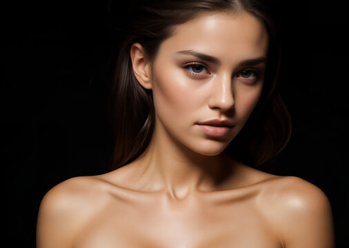 Portrait of nude young brunette woman or girl with beautiful expressive collarbones and shoulders on black background