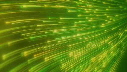 Illustation of glowing neon lines in green and yellow on reflecting floor - abstract background.