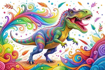 A colorful, whimsical illustration of a happy Tyrannosaurus Rex with a crayon, surrounded by vibrant swirling patterns and playful doodles on a white background.