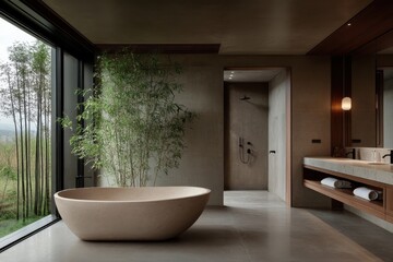 Fototapeta premium A modern, sleek bathroom featuring a freestanding bathtub beside a large window with natural light, next to a lush bamboo plant, and a spacious, minimalist design.